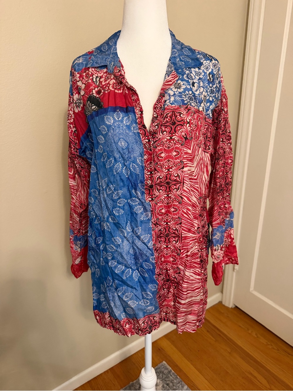 Patchwork Floral Button-Front Tunic Dress in Red and Blue